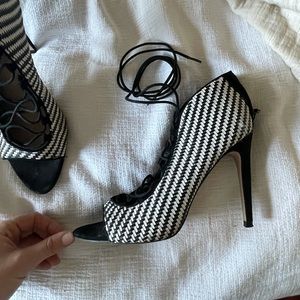 Zara striped, ankle tie, open toe bootie
